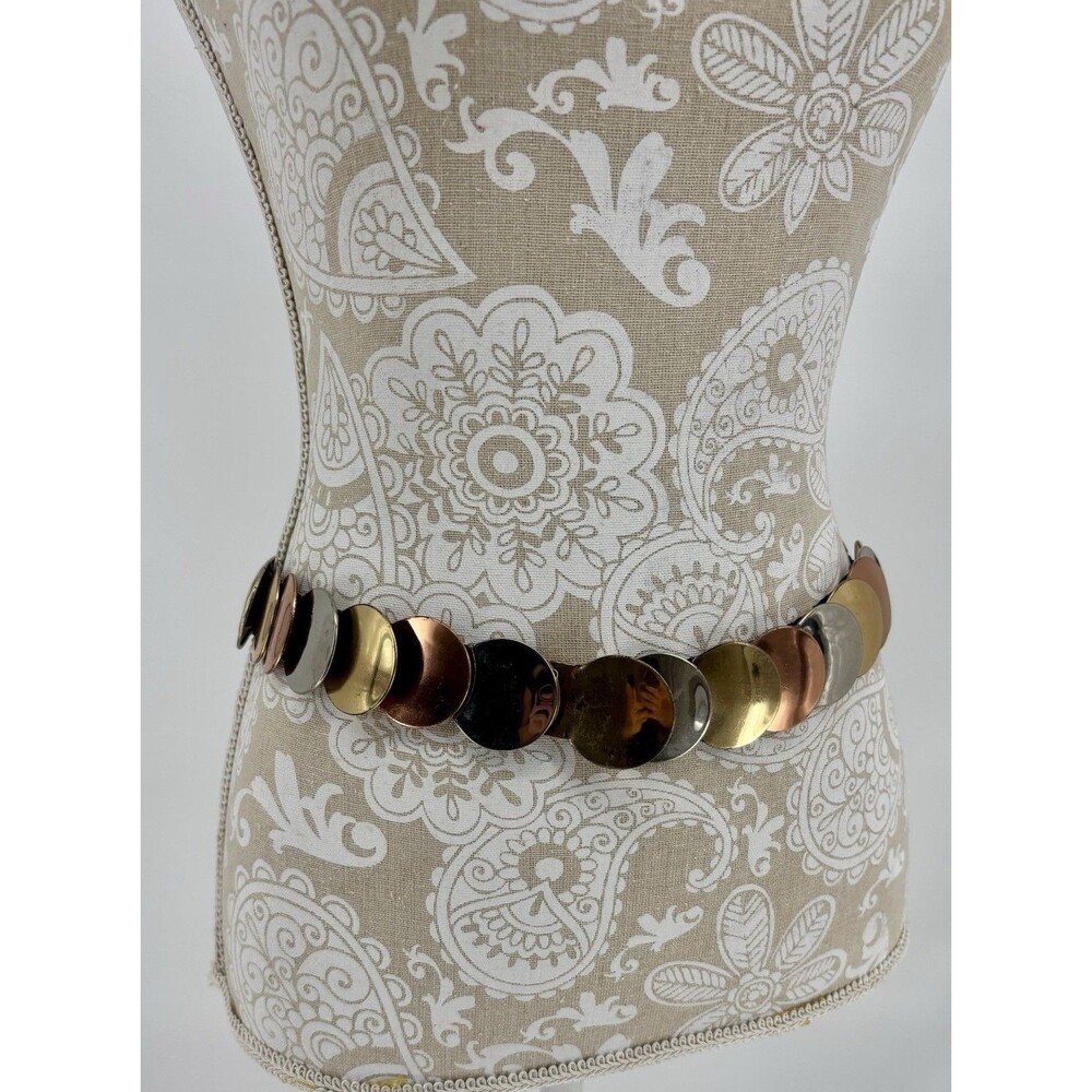 Vintage 80s Mixed Metal Disc Stretch Belt Gold Silver Copper Statement 28-40”